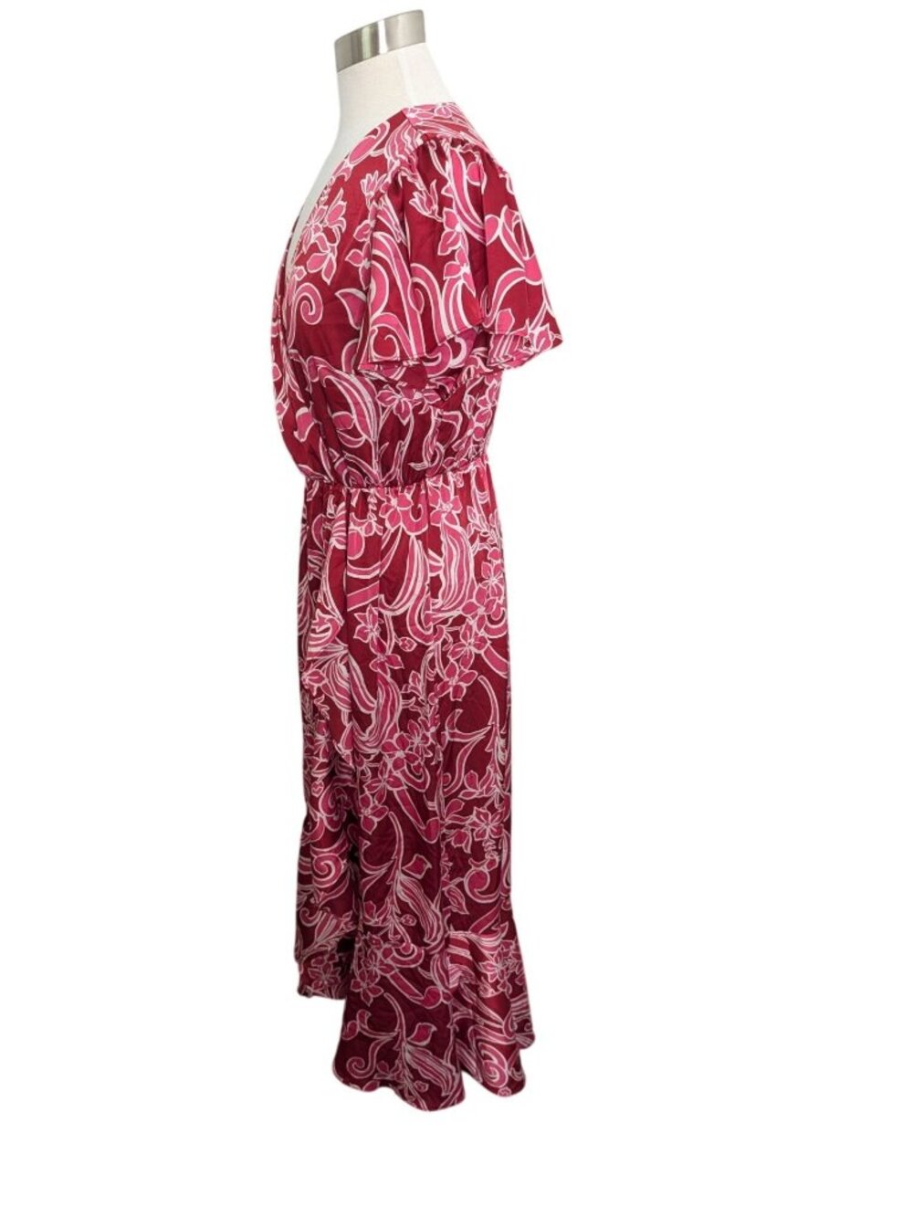 Nicole Miller New York Red Floral Wrap Midi Dress Size M Boho Cottage - Picture 10 of 16